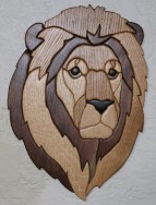 Intarsia art titled "Lion" by Rod Funk